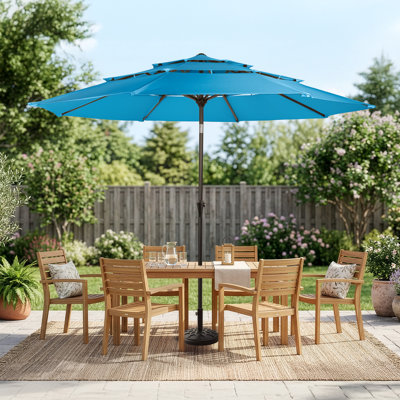 Parasol de patio à 3 niveaux 10 pi avec base lestée de 19 lb - Inclinaison automatique, parasol d'extérieur à manivelle facile pour auvent d'ombrage pour terrasse, balcon, porche, cour ou piscine (bleu)