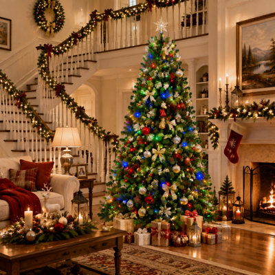 Sapin de Noël artificiel vert pré-illuminé avec lumières DEL bicolores commutables (blanc chaud et multicolore), matériau PE+PVC de qualité supérieure, branches réalistes, support robuste, montage facile, décoration de Noël pour de multiples occasions.