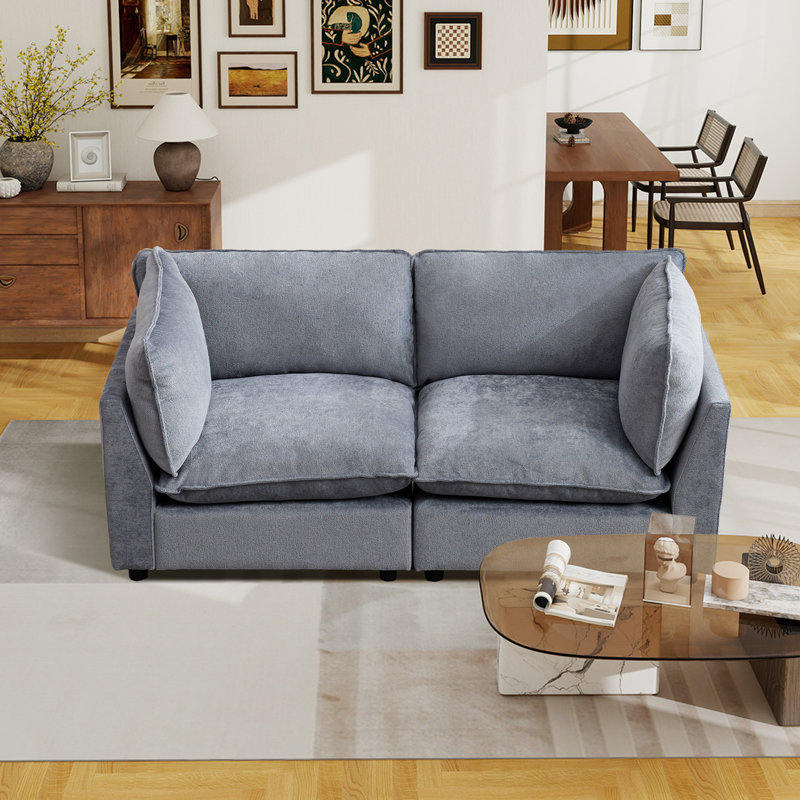 74.8"Modern Chenille Modular Sofa Loveseat Seat Depth 26", Blue Gray