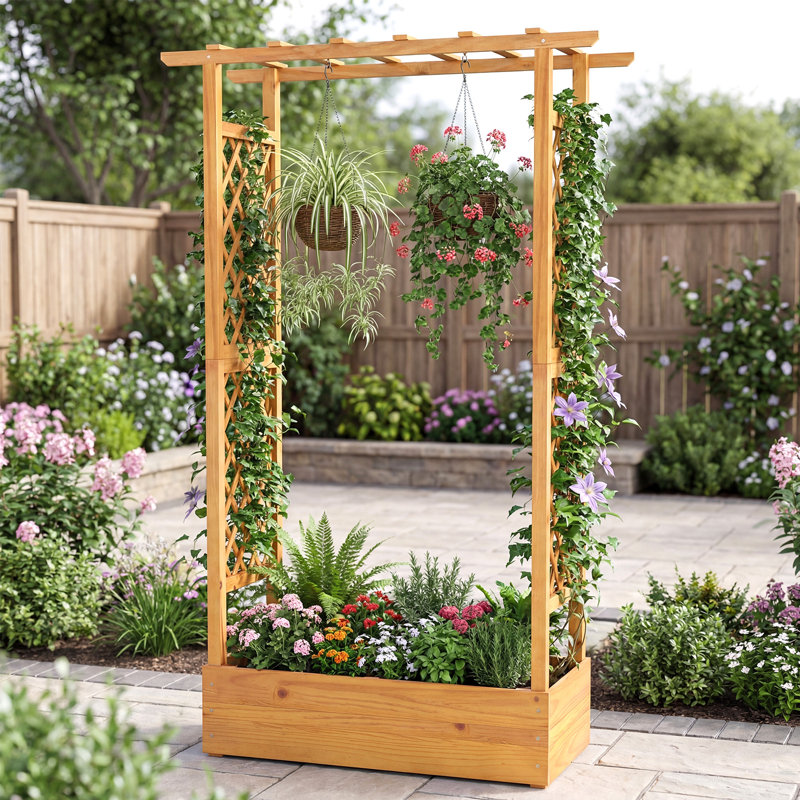 1 lit de jardin surélevé en bois 70 po avec treillis, toit suspendu, base ouverte PCS, Individuel