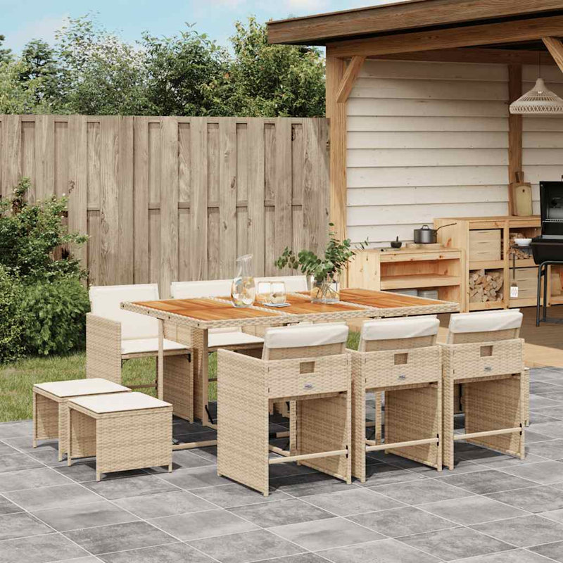 Garden Dining Set with Cushions Poly Rattan, 10, 73cm H x 165cm W x 106cm D, Cream White Cushion/Beige Frame