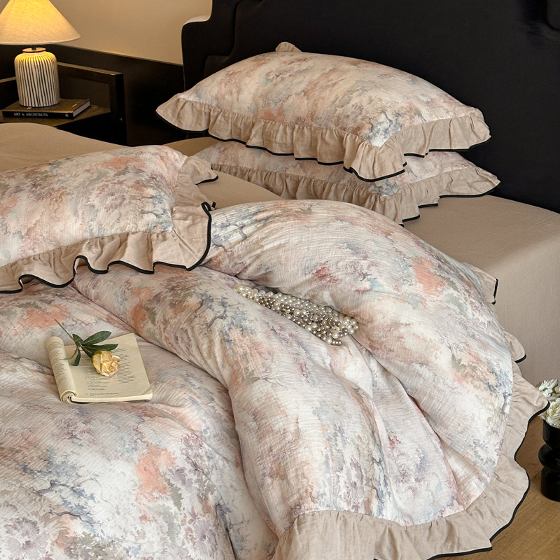 Floral Double-Layer Crinkle Cotton Duvet Cover Set, King Duvet Cover + 2 Pillowcases, Brown