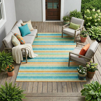 Tapis extérieur lavable antidérapant à rayures jaunes et vertes 10 pi x 14 pi bleu sarcelle