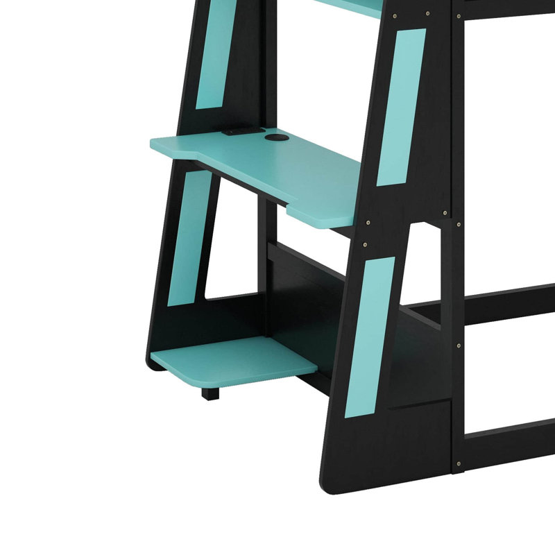 Full Size Wooden Gaming Bunk Bed With Desk,Two Storage Shelves,USB And LED Light, Full, Black/Blue