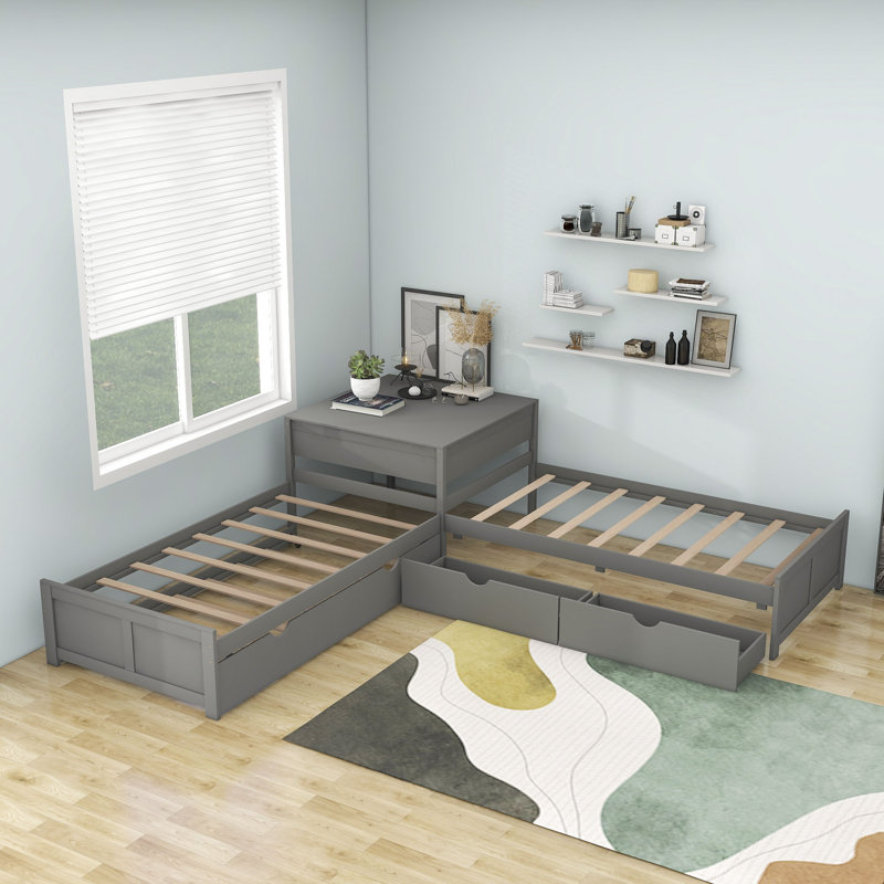 Twin Size L-Shaped Platform Bed with Trundle and Two Drawers, Grey