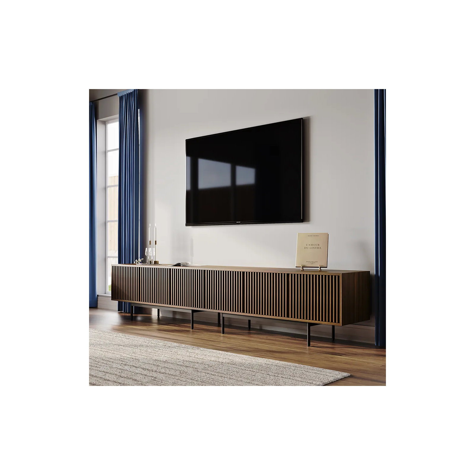 Daila Media Console, Walnut, 21.26" H x 118" W x 18.89" D