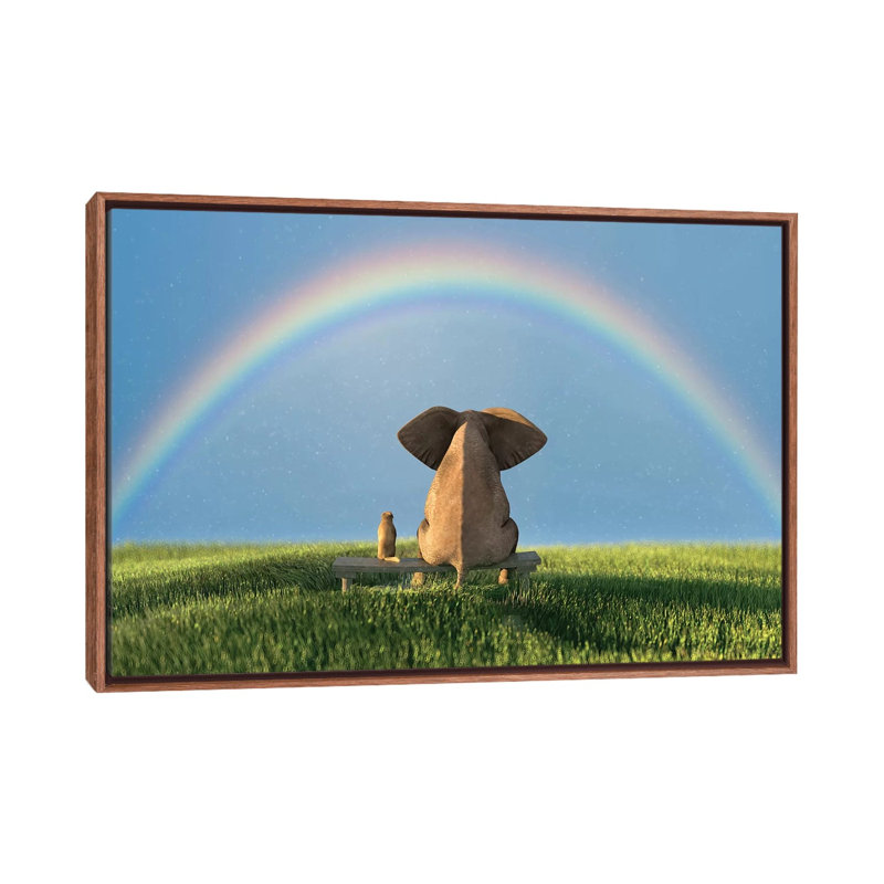 Éléphant et chien assis sous l'arc-en-ciel sur un champ d'herbe verte par Mike Kyiv - reproduction d'art, Pas de tapis