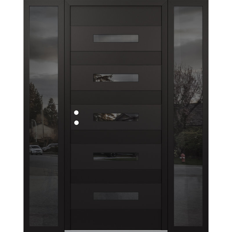 D9 Right-Hand 68 In. X 80 In. Panel Black Steel Black And Black Mirrored Glass With 2 Sidelites Mirrored Glass Prehung Front Entry Door
