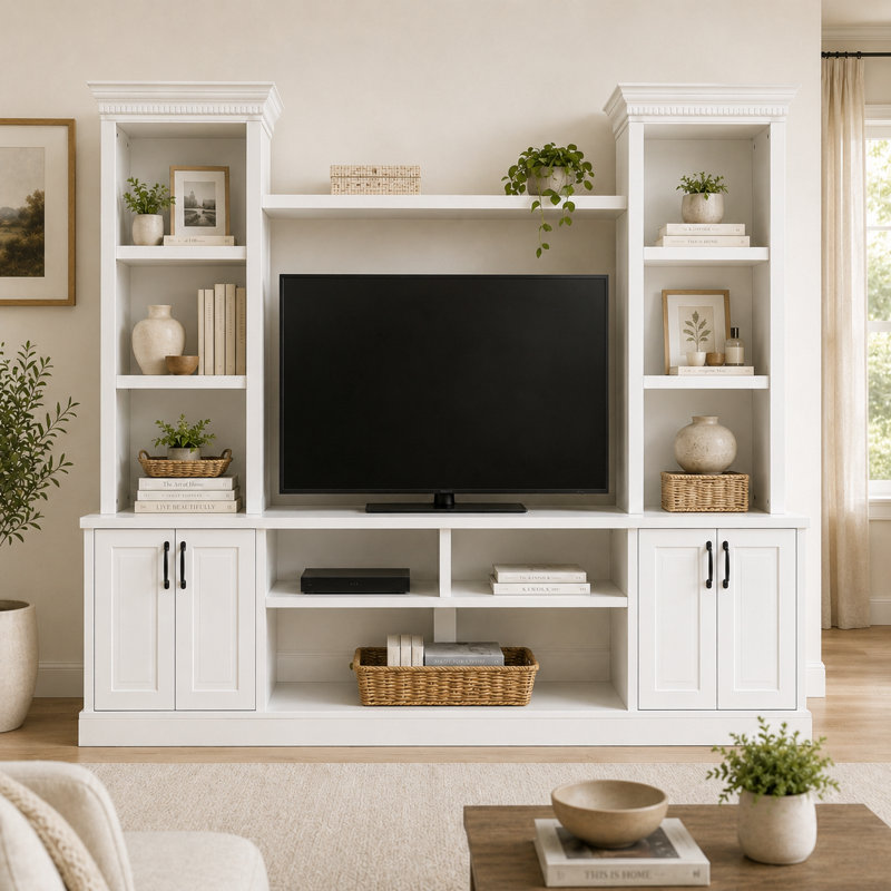 Meuble télé de 240 cm de large avec rangement, étagères ouvertes et style champêtre, grand meuble multimédia pour salon