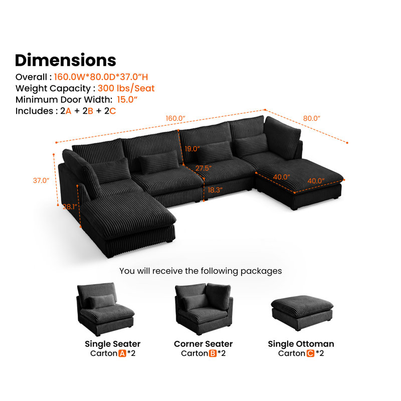 Cloud Sofa Sectional Oversized Modular Sofa,160" 6 Seater Corduroy Wide Seat Sectional with Reversible Chaise,Big Sleeper Sofa Bed with Ottoman,