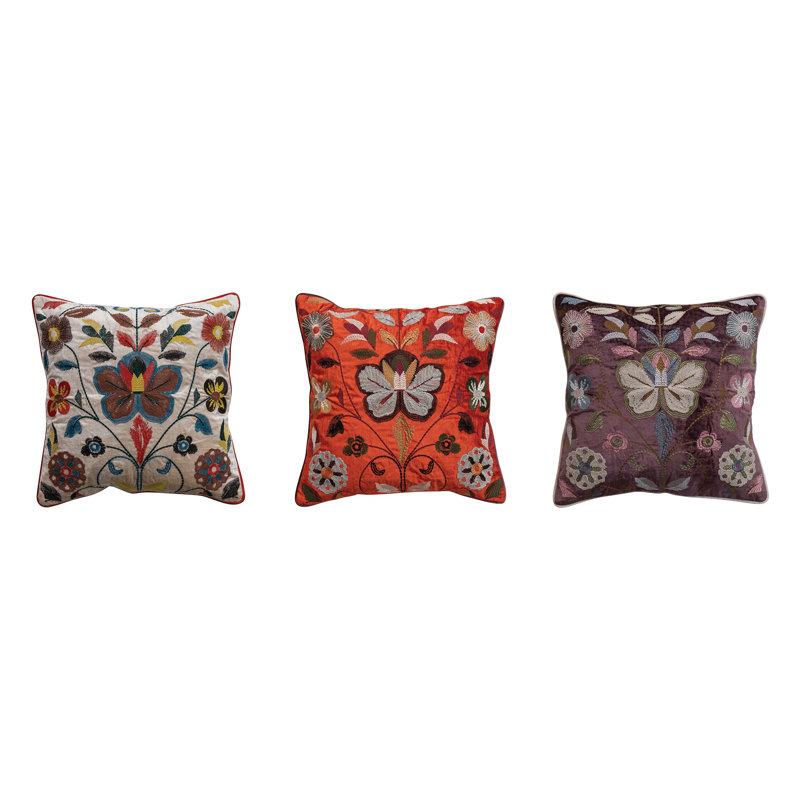 Velvet Botanical Embroidered Square Pillow Set