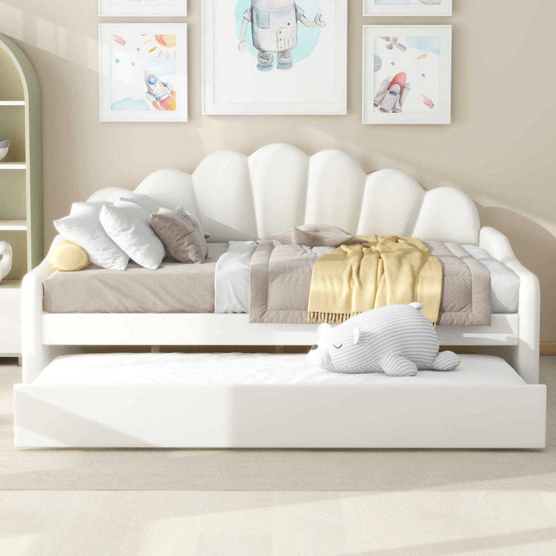 Full Size Upholstery Daybed Frame With Shall Shaped Backrest  And Trundle, White