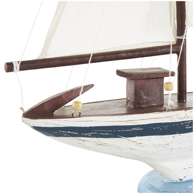 Wood Distressed Sail Boat Decorative White Sculpture with Brown Wood and Beaded Accents
