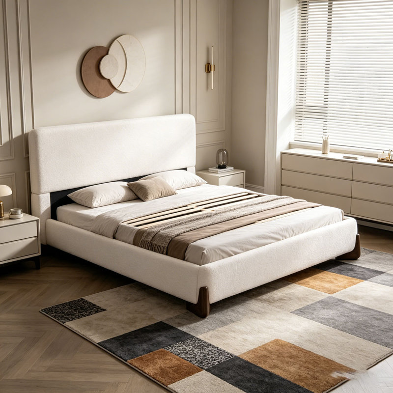 Lit tapissier, Tissu blanc + pieds brun foncé, Grand lit
