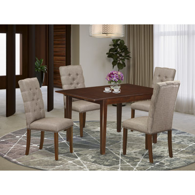 Ensemble de table de salle à manger 5 pièces moderne comprenant une table rectangulaire en bois avec une feuille de papillon et 4 chaises parsons en tissu kaki foncé en acajou
