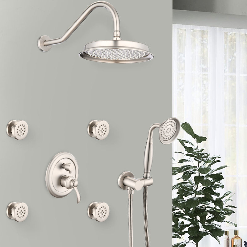 Douche à débit réglable en nickel brossé avec jet pour le corps et robinet inverseur inclus, Nickel brossé
