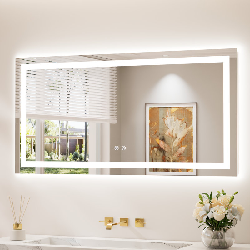 Front & Back LED Lighted Tempered Glass Dimmable Anti Fog Bathroom Vanity Mirror, 48" x 24"