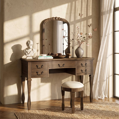 Coiffeuse de maquillage 46 po avec miroir à cadre floral incurvé, coiffeuse élégante avec 5 tiroirs et tabouret en cuir, coiffeuse avec pieds en bois massif et poignées antiques pour la chambre à coucher