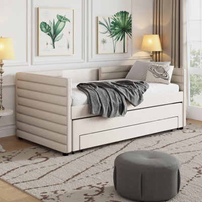 Modern Twin Daybed with Trundle & 3 Storage Drawers – Space-Saving Sleeper Sofa in Soft Linen Fabric by Latitude Run