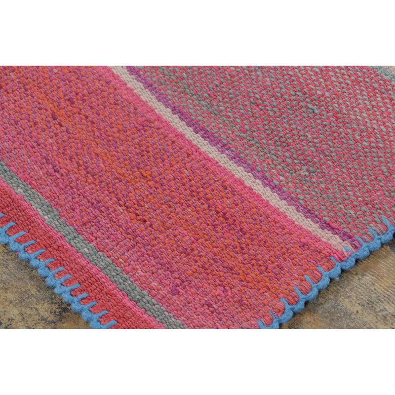 Vintage Frazada Square Kilim In Pink Striped Geometric Pattern - Rug & Kilim