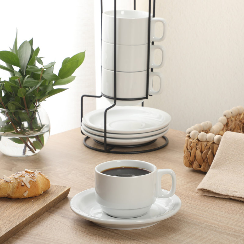  Ensemble de 4 tasses à café avec 4 soucoupes empilables, support en métal, tasses à café pour latte, café, moka et thé