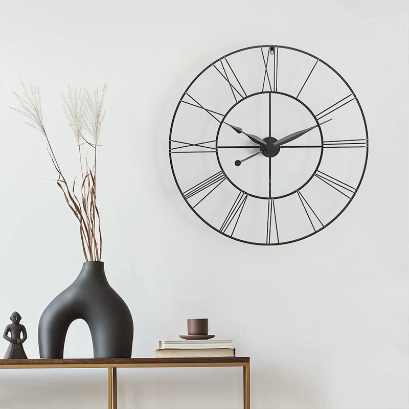 Garney Metal Wall Clock with Black Hands, Black, 80cm H x 80cm W x 4cm D