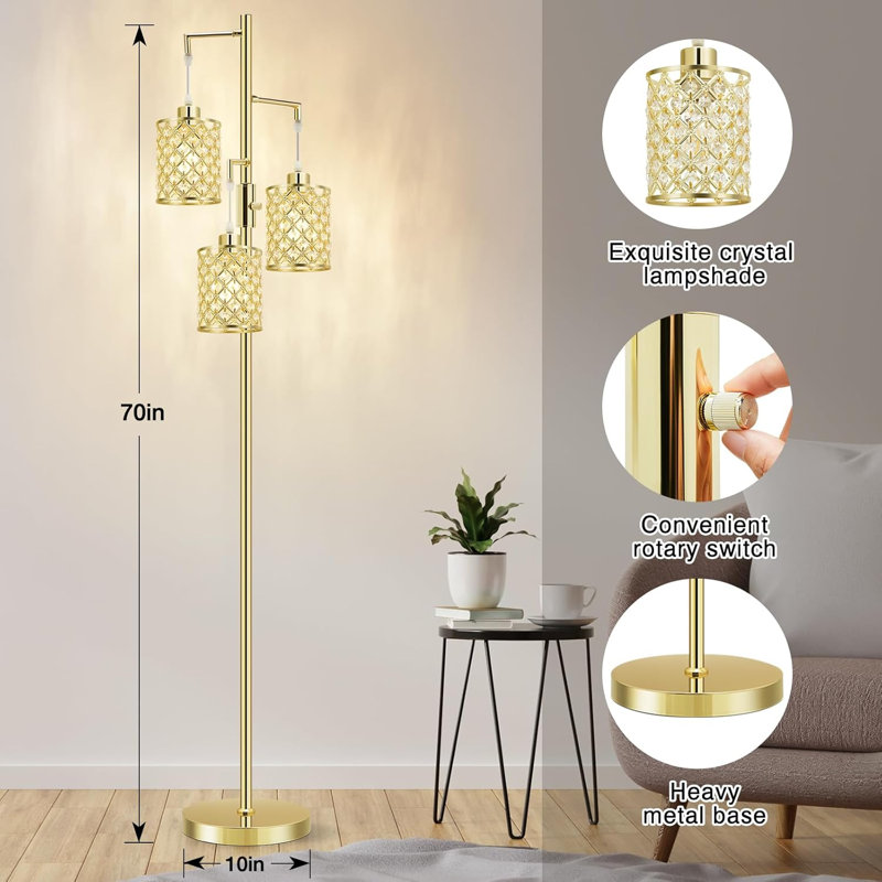 70" Tall Crystal Tree Floor Lamp, With Sparkling K9 Crystal Shade, Rotary Switch, Easy Assemble Lamps For Living Room, Bedroom, Home Office, Girls Room
