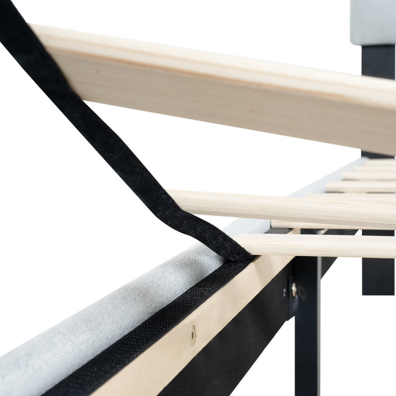 Lit moderne grand avec tête de lit en lin, pas de sommier, assemblage facile, structure de sommier en tissu gris, structure en lattes de bois, gris, limite de poids de 600 lb