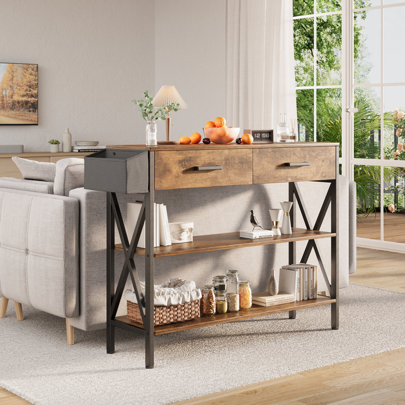 Console moderne avec 2 tiroirs, 2 tablettes, un panier de rangement et des crochets - idéale pour le vestibule ou derrière le canapé
