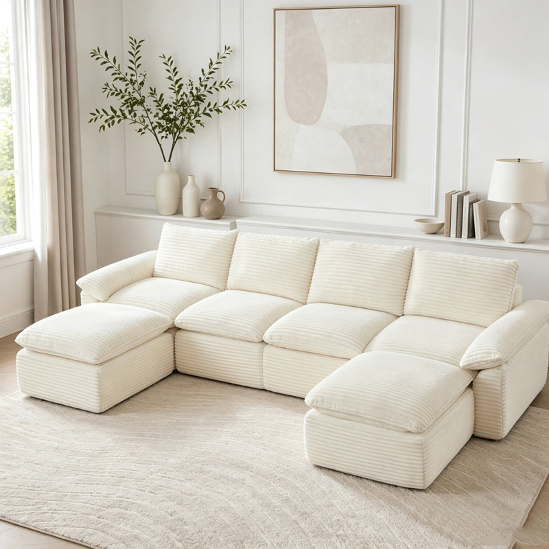 Canapé moderne en velours côtelé, Blanc-4Seat-2Ottman