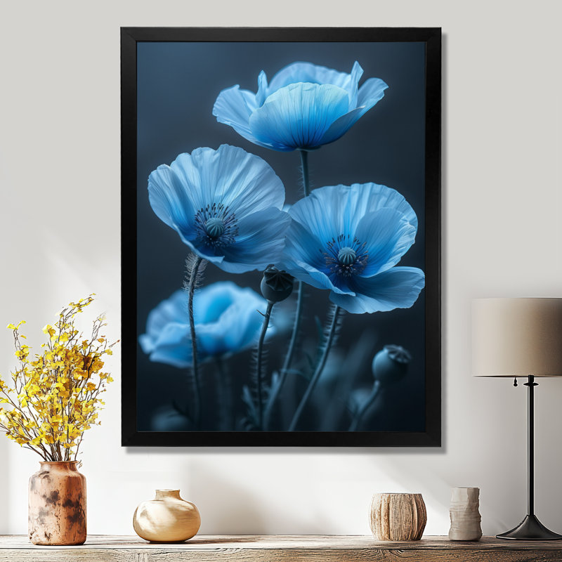 Bleu, noir, nature, Nuance, coquelicots I - coquelicots, art mural, salon, Toile encadrée noire simple