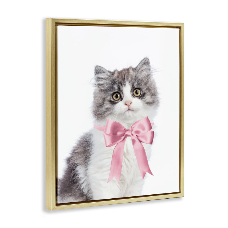 "Chaton avec un nœud papillon rose", art mural sur toile par Sissi et Seb, Cadre flottant métallique doré, H 21 po x l 17 po