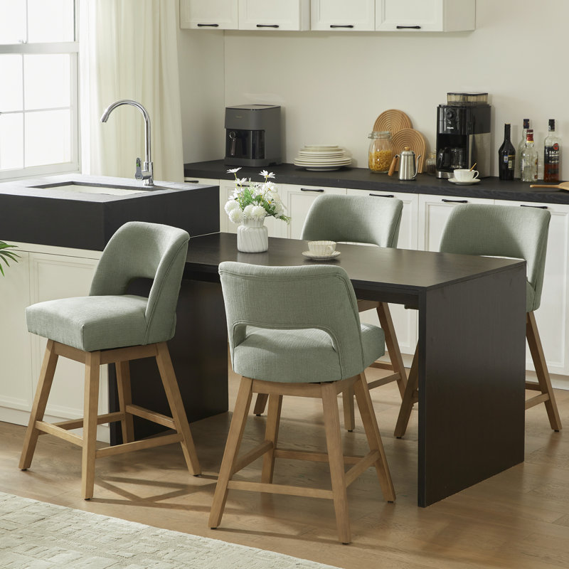 26" Seat Height Swivel Bar Stools Set of 4, Polyester Upholstered Seat on Solid Wood Frame, 4, Sage Green/Polyester