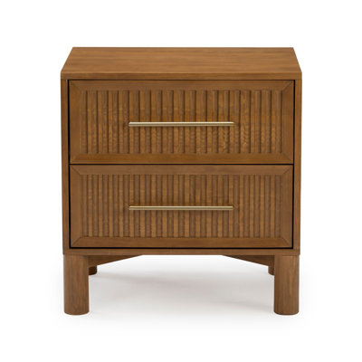 Sera Fluted 2 Drawer Nightstand with Brass Handle, Pecan