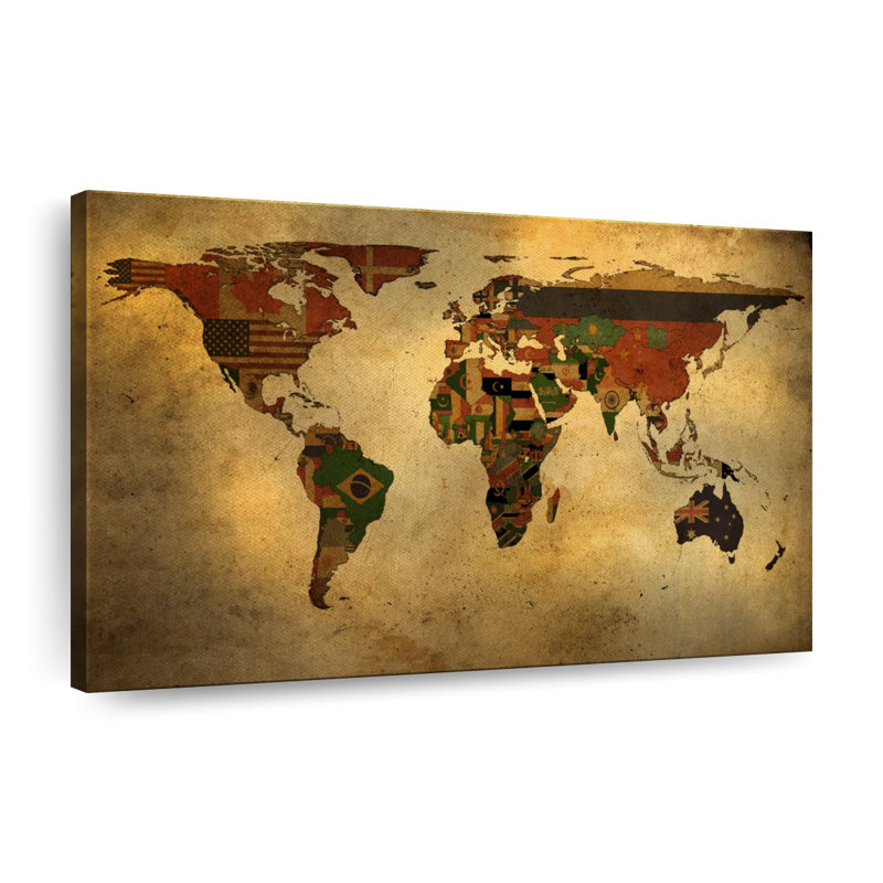 Carte des drapeaux du monde sur toile, H 12 po x l 8 po x P 1 po