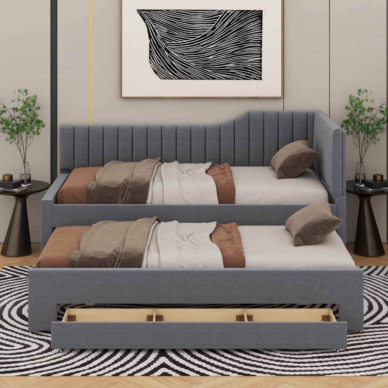Upholstered Daybed With Trundle And Drawers, Gray, Twin