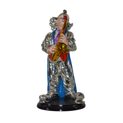 Ramon Clown Plays the Saxophone Resin Statue Silver finish - Size: 6"L x 6"W x 14"H.