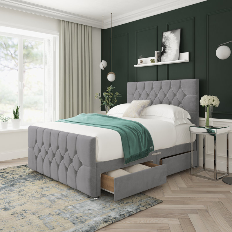 Upholstered Divan Bed, Double (4'6), Silver, 4 Drawers