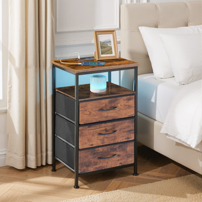 Nightstand With Charging Station, Bedside Table With USB Ports, AC Outlets & Fabric Drawers, Modern End Table With Open Storage Shlef For Bedroom, Living Room, Apartment