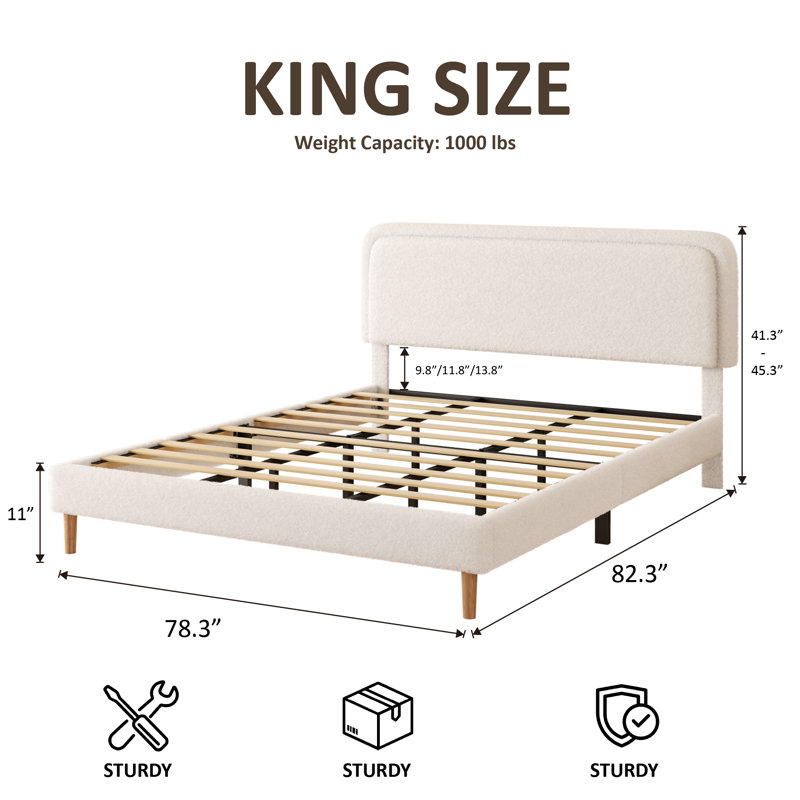 Structure de très grand lit, lit plateforme rembourré moelleux avec tête de lit réglable en hauteur, structure robuste et lattes, conception silencieuse, compatible avec les matelas sans ressorts, facile à assembler (beige)
