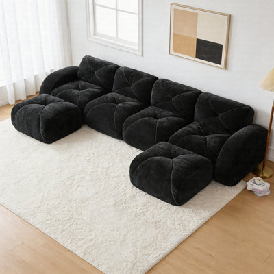 140" Oversized Boneless Cloud Sofa With 2 Ottoman, Modular Sectional Couch With Tufted Cushions, Velvet Sofa With High-Density Foam