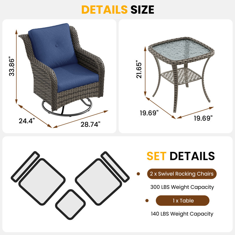 Samya 2 - Person Oversized Swivel Rocker Outdoor Seating Group with Cushions, Navy