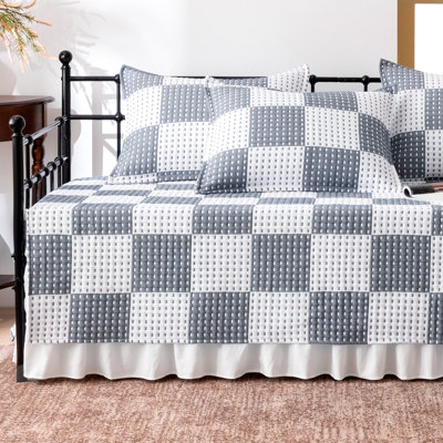 SLEEP ZONE 5 Pcs Daybed Cover Set - Navy Blue Plaid Timeless Jacquard Quilted Bedding Set with 3 Sided Bed Skirt & 3 Pillow Shams, Farmhouse Style, 75" x 39"