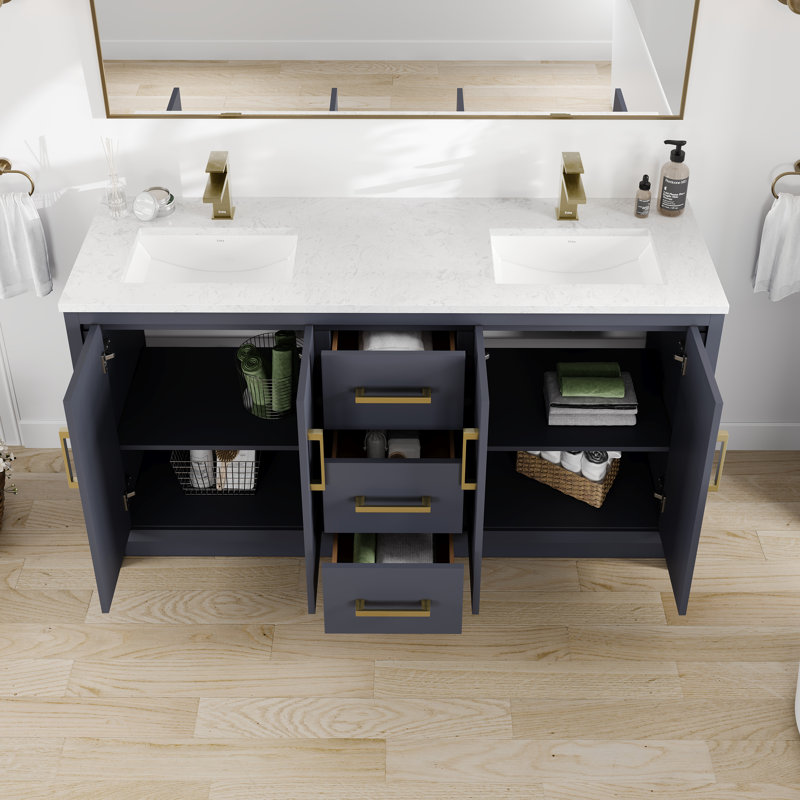 Ilsa 60"W X 18"D Double Sink Bathroom Vanity With White Carrara Quartz Countertop And Undermount Porcelain Sinks, Dark Blue