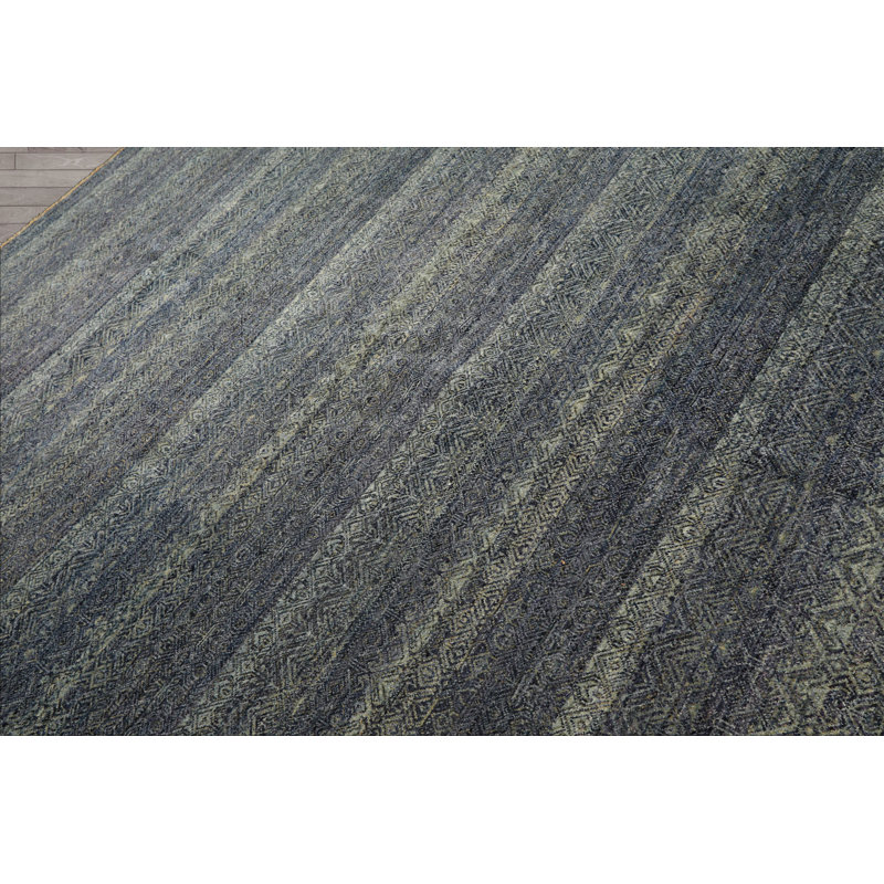 Tapis texturé transitionnel bleu en laine noué à la main 8 x 10 8 po