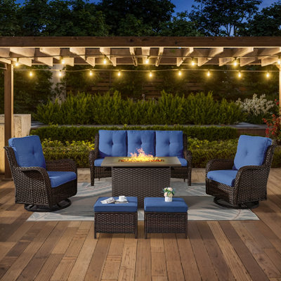 Deb 6-Pieces Outdoor PE Wicker Patio Conversation Set with Fire Pit, Ottomans and Cushions
