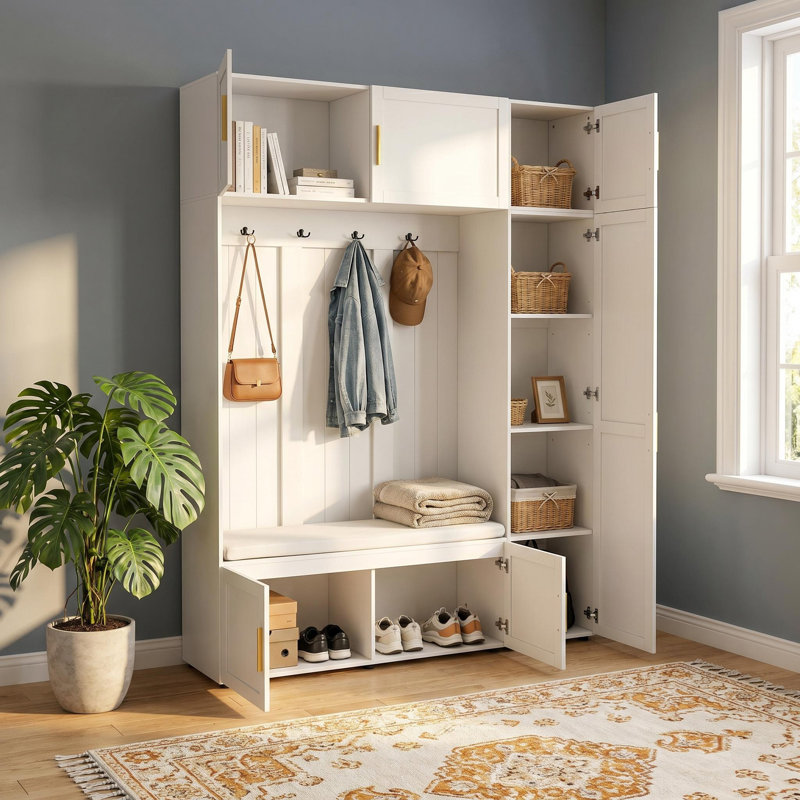 Entryway Storage Bench Hall Tree With Padded Bench, Shoe Cabinets, Hooks, And Multi-Tier Storage Shelves, White