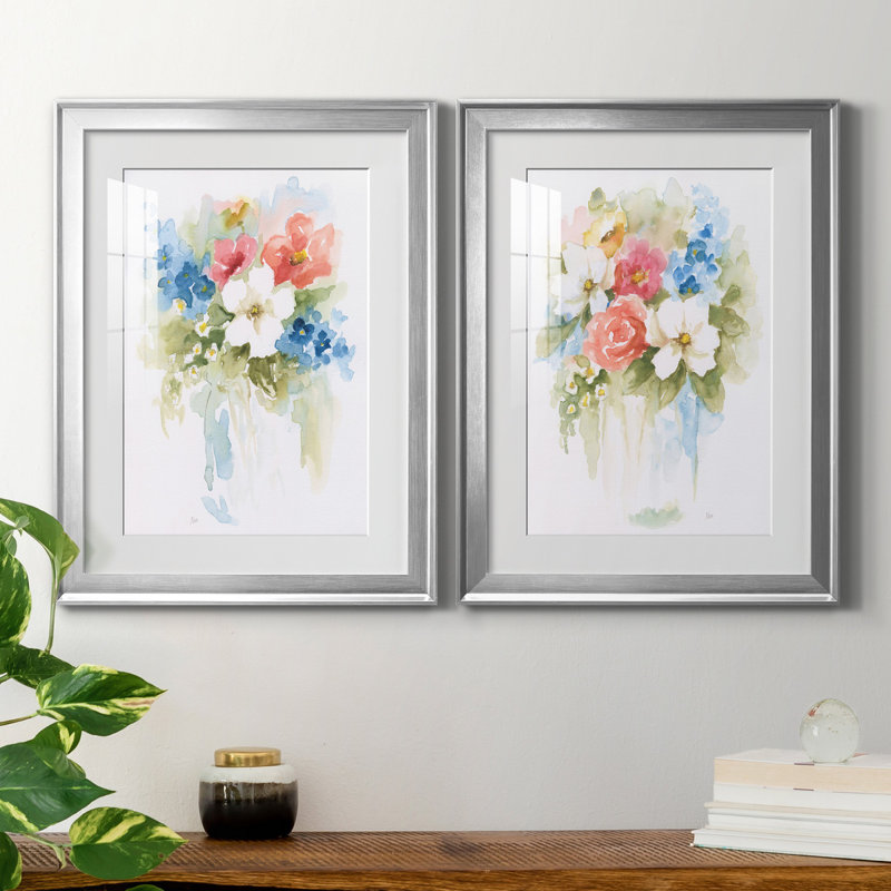 «Spring Medley I», ensemble de 2 reproductions d'art, H 18,5 po x l 49 po x P 1,5 po, Papier avec cadre argenté, Blanc