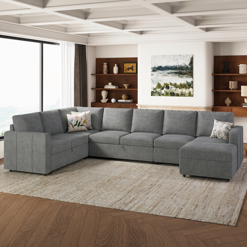 Seybert Luxurious U-Shaped Sofa Velvet Chenille Sectional Sofa For Living Room, Beige Chenille
