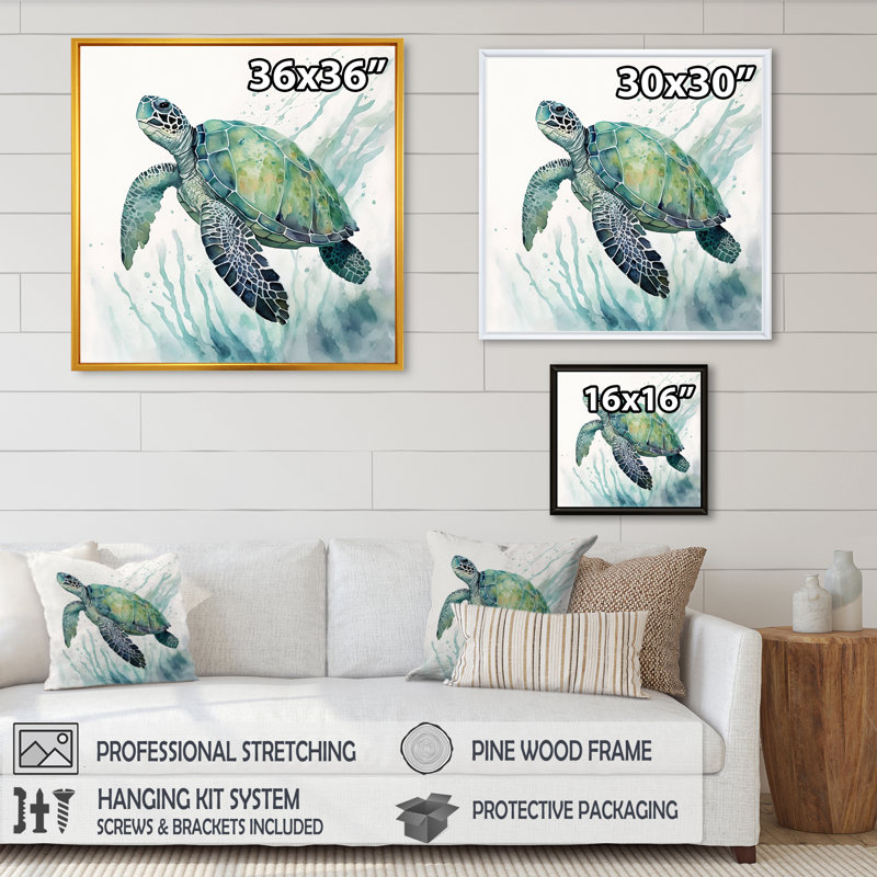 Aquarelle de tortue nageant IV - tortue, art mural, H 36 po x l 36 po x P 1,5 po, Toile avec cadre flottant or